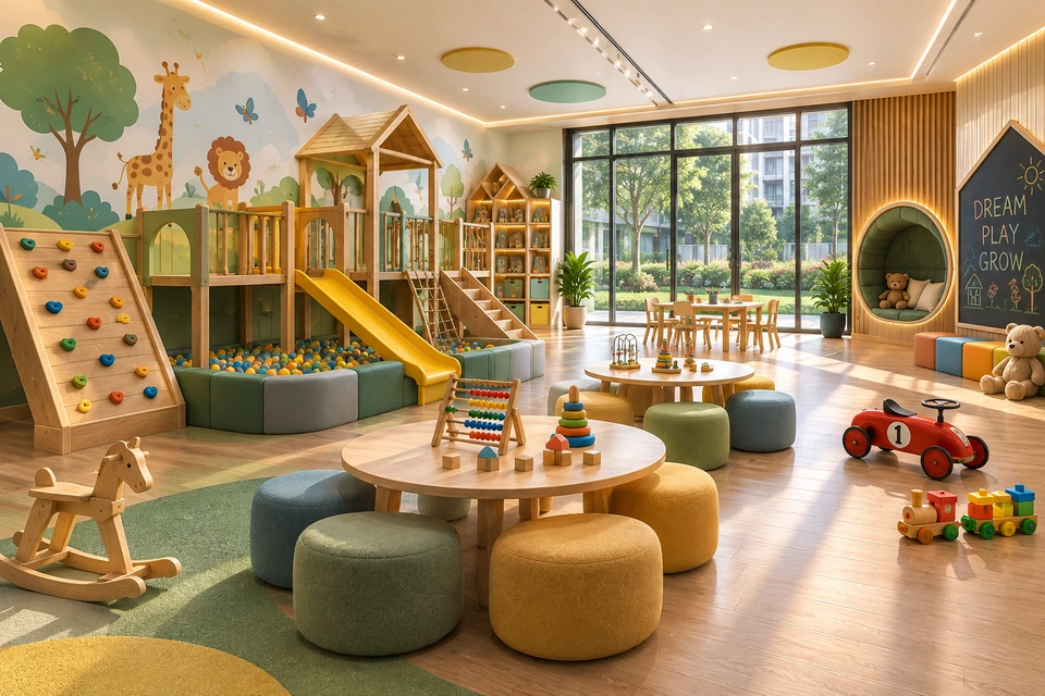 Kids' play area and creche at Brigade Barcelona, Neopolis Kokapet