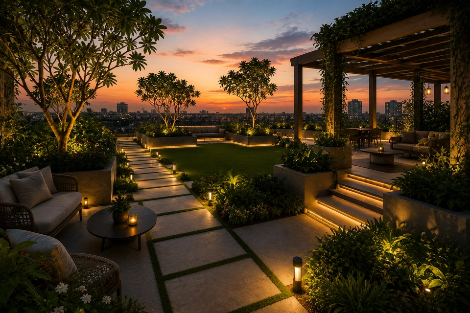 Sky deck wellness gardens at Brigade Barcelona, Neopolis Kokapet