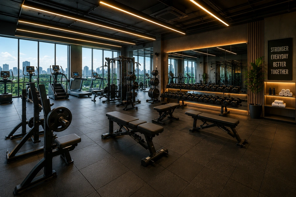 Fully equipped gym at Brigade Barcelona clubhouse, Neopolis Kokapet